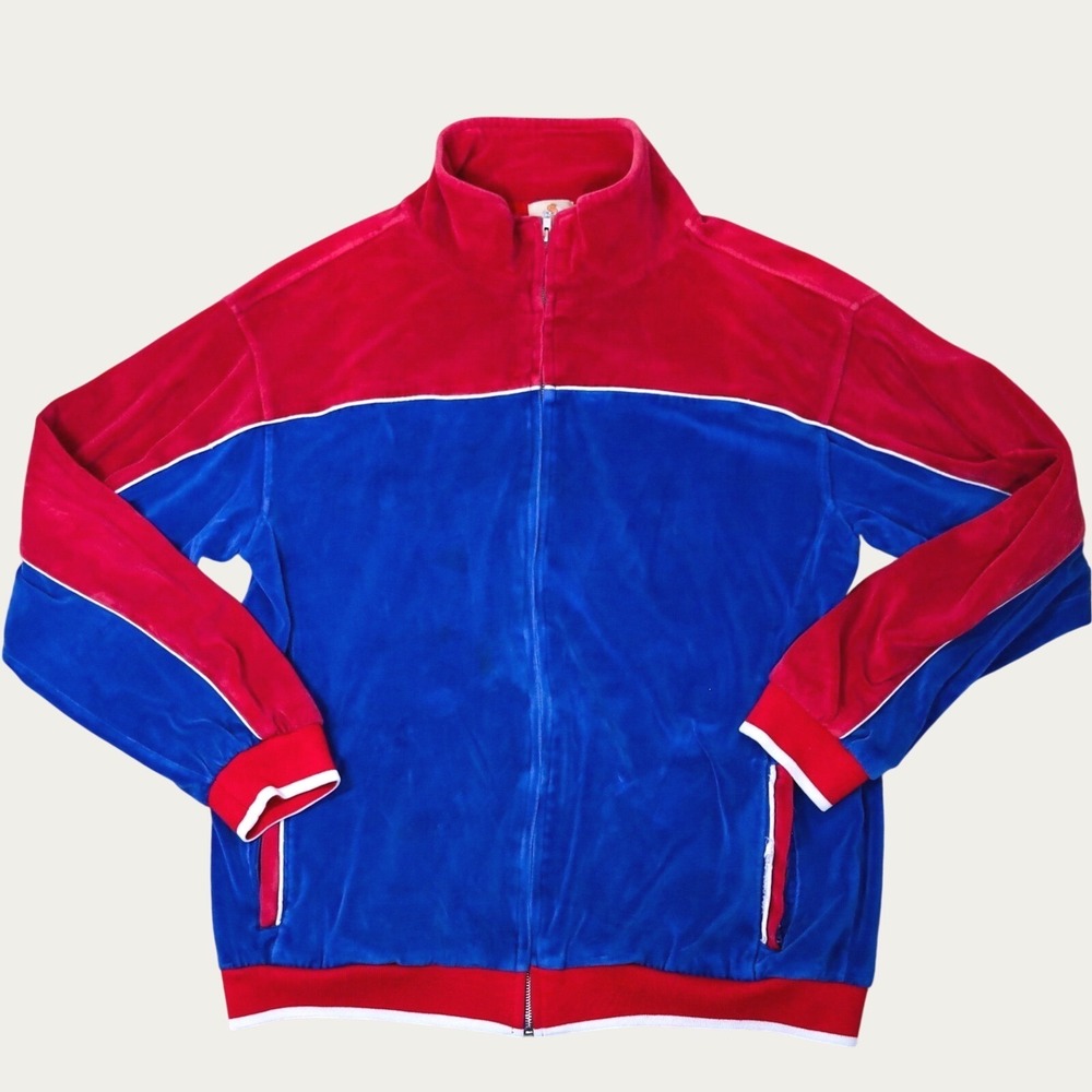 Sweatsedo Velour Track Jacket Red Blue Colorblock Zip Up Men's XL Retro Y2K